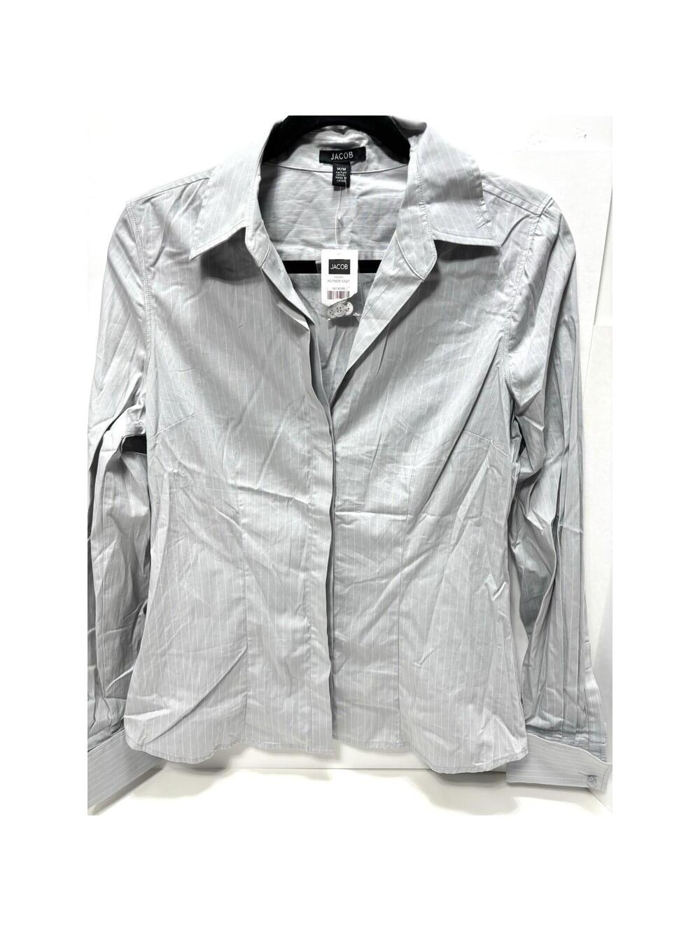 Jacob Womens Medium Grey White Striped Button Up Casual Dress Shirt Top New